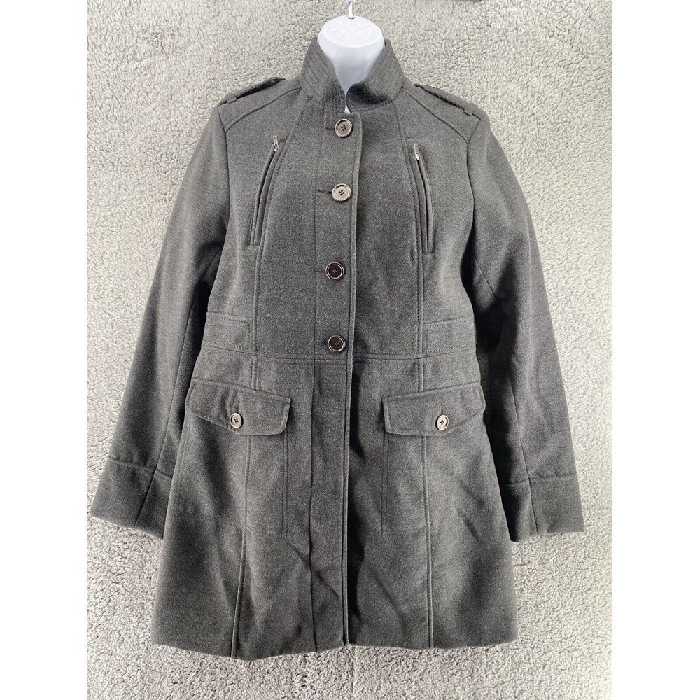 H&M Womens Jacket Coat Gray Knee Length Buttons Lined Pockets Mock Neck 12 New